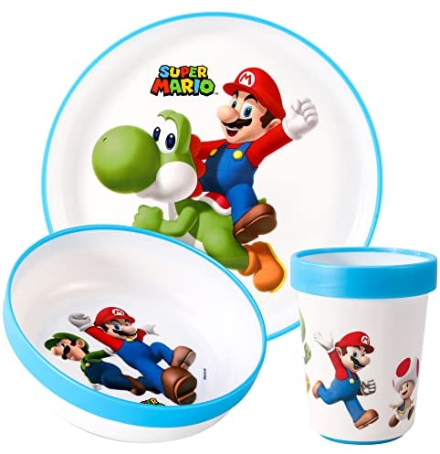 Super Mario 3pcs Reusable Bicolor Premium Kids Dinner Tableware Set Plate, Bowl & Tumbler, BPA Free