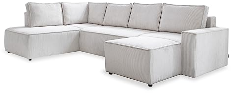 MIUFORM Cord Sofa U Form 322 cm x 194 cm x 89 cm, Ecksofa mit Schlaffunktion und Bettkasten- Brave Dave U- Wohnlandschaft U Form mit Schlaffunktion, Sofa Cord (Beige, Links ausgerichtet)