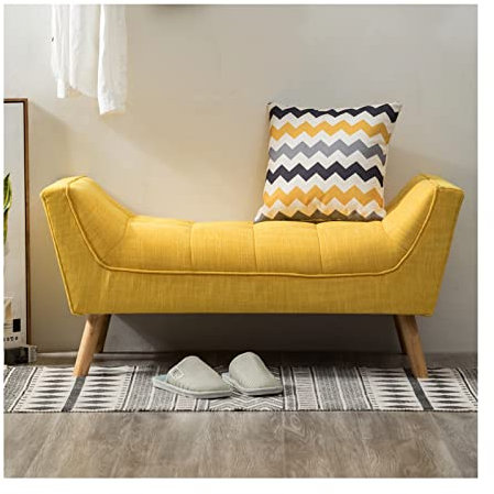 INMOZATA Chenille Fabric Window Seat Bench Upholstered End of Bed Bench Arm Bench Hallway Bench Padded Footrest Seat with solid wood legs for Living Room Bedroom Hallway (Yellow)