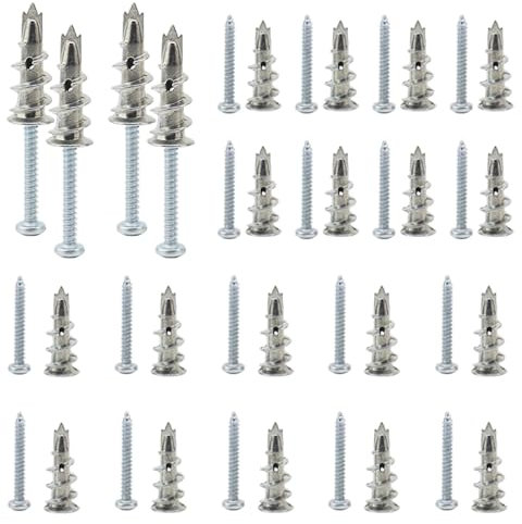 Confezione da 20 tasselli per cartongesso con viti in metallo autofilettanti per montaggio di mensole per appendere immagini e fissare scatole elettriche a pareti in cartongesso