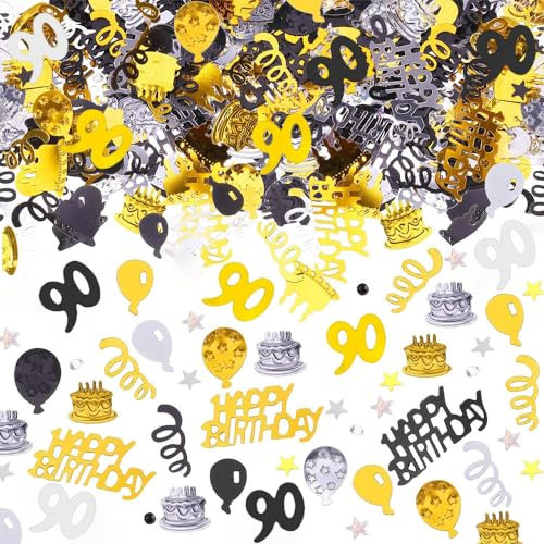 AIVEKE Konfetti 90. Geburtstag Deko - Happy Birthday Streudeko (Gold Schwarz) für Jubiläen, Partys