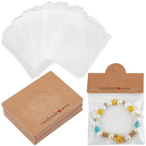 SOFPLATE 100 Stück Ohrring Display Karten Halsketten Display Karten mit Taschen braunees Papier Faltbare Kopfkartenhalter Kleines Bastelverpackungsset Zum Aufhängen Präsentieren von Armbändern