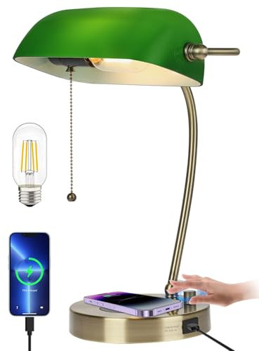 Newrays Green Glass Bankers Desk Lamp with Wireless Charger, USB Charging Port for Home Office,Stepless Dimmable Table Lamp Plug in Fixture,LED Bulb Included