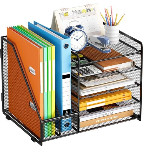 VITVITI Desk Organiser with File Holder, 5 Tier Desk Tidy Organiser with 2 Pen Holders, 2 Paper Tray Storage and Drawer for Magazine, Home, School, Office Stationary Accessories - Black without Drawer