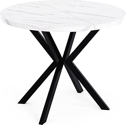 WFL GROUP Runder Ausziehbarer Esstisch in Weißer Marmoroptik - Loft Style Tisch mit Metallbeinen - 100 bis 180 cm - Industrieller Tisch für Wohnzimmer - Spacesaver - Marmor Weiß - 100 cm