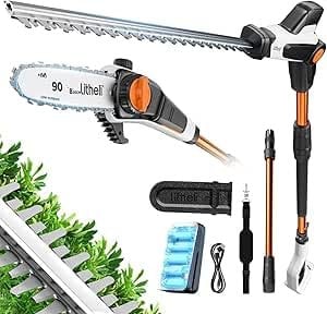 Litheli 2-in-1 Cordless telescopic hedge trimmer and Pole Saw, with 2.0Ah Battery, Shoulder Strap. 47cm Long Reach Hedge Cutter, 20cm Chain Saw with Extension Pole for Branch CuttingTrimming Pruning