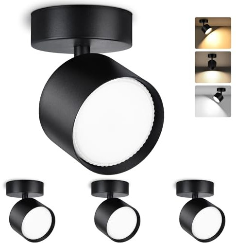 GeyouLux 3CCT LED Aufbauspots Schwenkbar 350°+90° Deckenspots Schwarz LED, inkl. 7W 800LM GX53 LED Leuchtmittel, 3000K/4500K/6500K Aufbauleuchte Aluminium Aufputz Spots Aufbaustrahler Rund 4 Stück