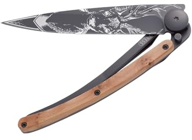 deejo - Couteau de Poche Pliant 27g - Manche en Bois de Genévrier, Lame en Acier Inoxydable Z40C13 - Motif Cerf - Couteau de Table, Randonnée, Camping, Bivouac