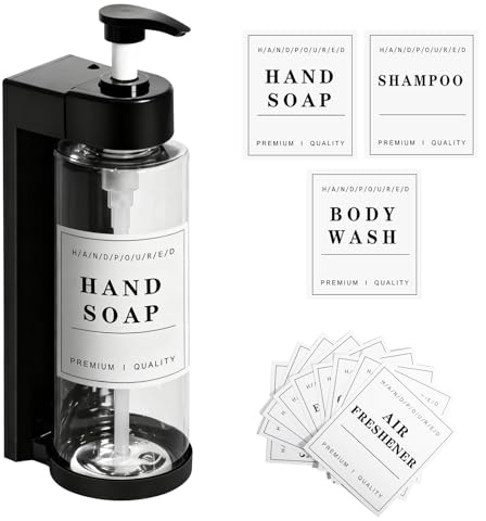 HNCY Distributeur de Savon Mural 400ML Distributeur Shampoing et Gel Douche | Distributeur Savon Salle de Bain avec étiquettes, Rechargeable Distributeur Savon Liquide pour Bains Cuisine Hôtel Toilettes