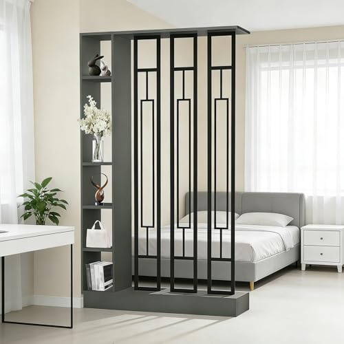 Wandraum Teiler mit Lagerregal, Eingangshalle -Trennwesensäule Säulen- bis Decke, aus massivem Holz, leicht zu montieren, geeignet für die Heim- oder Bürodekoration geeignet (B black + gray, 120cm)