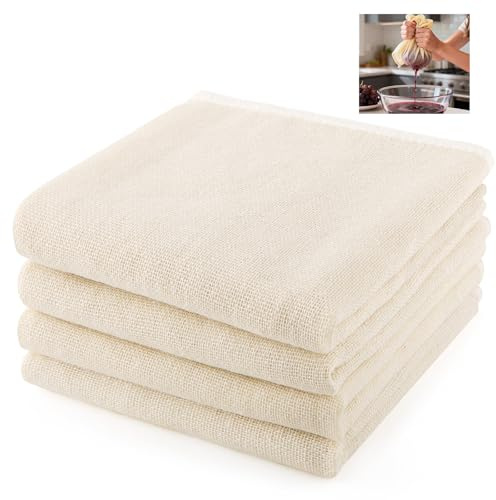 4 Pcs Cheese Cloths for Straining, 50 x 50 cm Reusable and Washable Fine Muslin Cloths for Cooking, Grade 100 Unbleached Cotton Cheesecloth for Nut Milk, Butter, Baking & Cooking