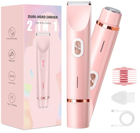 Rasierer Damen,2-in-1 Doppelkopf Intimrasierer für Frauen mit USB-C-Laden, Damenrasierer Elektrisch für Gesicht, Beine und Arme, Bikini Trimmer mit Wasserdichter Trimmerkopf, Leicht zu Reinigen