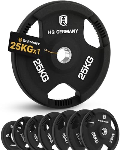 HQ Germany® Hantelscheiben 50mm [Tri-Grip Design] - Gewichte 1,25-25kg | 100% Gusseisenkern, PVC-Gummierung, drei ergonomische Griffe, ±3% kalibriert, Edelstahl-Hülse, auf 5.000 Drops getestet