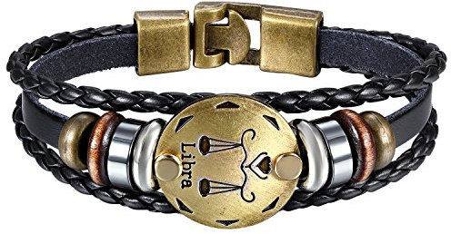 Oidea Mens Womens Punk Multi-layer LIBRA Zodiac Signs Constellation Astrology Braided Leather Cuff Bracelet,Black