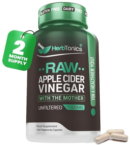 Herbtonics Apple Cider Vinegar Capsules with The Mother 1500mg - 120 High Strength Vegan Capsules - Raw Unfiltered ACV Food Supplement - 2 Month Supply - Non-GMO & Gluten Free