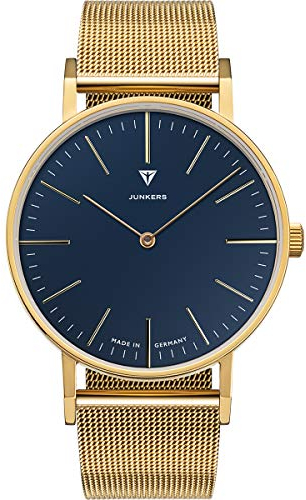 Junkers Dessau Analog Quarz Uhr Edelstahlarmband Saphirglas goldfarbenes Gehäuse blau 9.17.03.01.M
