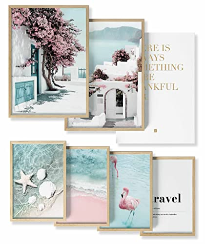 Heimlich® Premium Poster Set OHNE Bilderrahmen | 2 x DIN A3 & 4 x DIN A4 - ca. 30x42 & 21x30 | Stilvolle Poster Collagen mit passenden Bilder als Wanddeko » Strand Pink Flamingo «