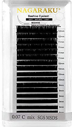 NAGARAKU Extensiones De Pestañas Individuales Procesadas Con Láser De Larga Duración Fijación, Pestañas Postizas Naturales, Suministros Suaves Flexibles, Pestañas De Colmena(0,07mm D Rizo 7-15mm)