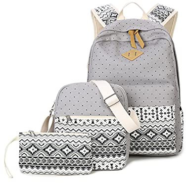 Böhmische Rucksack-Set, 35,6 cm (14 Zoll), gepunktet, Schultertasche, Umhängetasche, Federmäppchen, Tasche, Nachrichten-Tasche, Leinen-Kombination, Schule, grau, Large