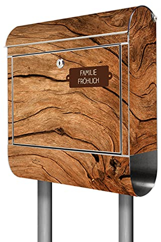 banjado® Briefkasten mit Standfuß personalisiert Motiv Trockenes Holz - Stand Briefkasten Edelstahl mit Zeitungsfach - Postbox/Postkasten A4 Einwurf inkl. Montagematerial & 2 Schlüssel
