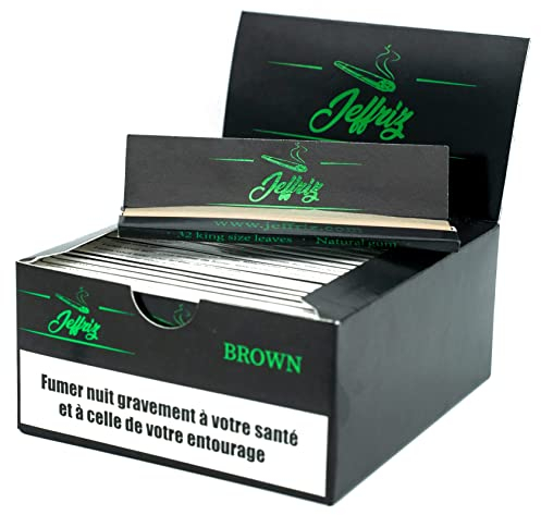 Feuille à Rouler Slim King Size Non Blanchies | Jeffriz | Papier Naturel Marron Ultra Fin, Combustion Lente | 50 Paquets de 32 Feuilles | Bande Adhésive en Gomme Naturelle sans Goût