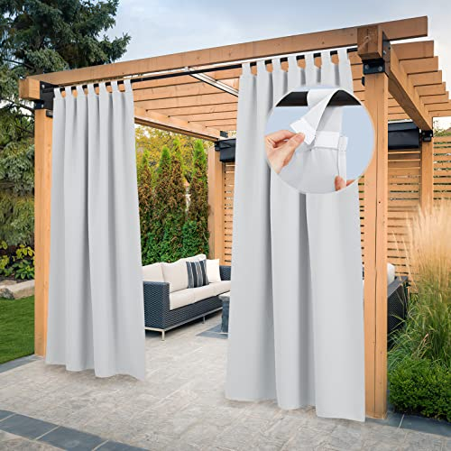 PONY DANCE Outdoorvorhänge mit Abnehmbaren Schlaufen Outdoor Vorhang Wasserdicht Sonnenschutz Gardinen für Pavillon & Terrasse Schlaufenschal 2er Set H 213 x B 132 cm, Grau-weiß