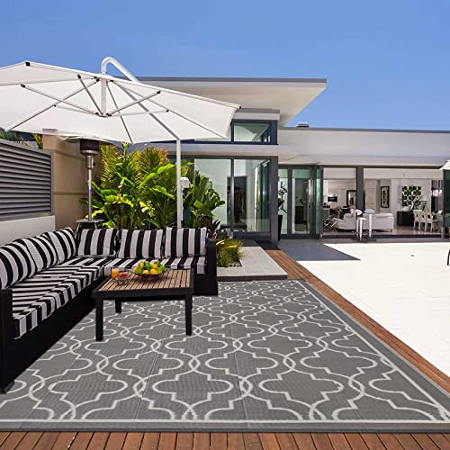 Cekene Outdoor Rug Waterproof Grey180x270cm Large Patio Rugs for Garden Reversible Lightweight Plastic Straw Mat Portable Outdoor Carpet for Picnic Porch Deck Backyard BBQ Beach