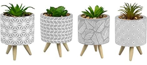 St@llion 14 cm Artificial Plant Pot On Stand Decorative Home Planters, Indoor Outdoor Faux Plant with Engraved White Washed Designs, Random (Pack of 1)