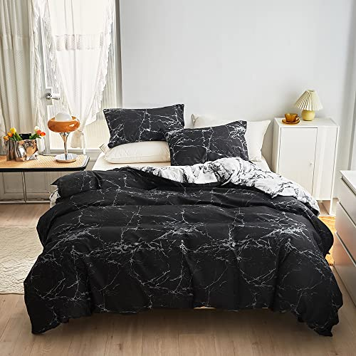 WUMIUER Marmoriert Bettwäsche 155x220 Set 2 Teilig, Schwarz Weiß Marmor Wendebettwäsche Leicht Weich Mikrofaser Bettbezug 155x220cm und 1 Kissenbezug 80x80cm mit Reißverschluss