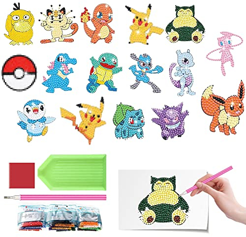 YISKY 5D Diamond Painting Sticker Set, 16 Stück Cartoon Diamant Aufkleber, Diamond Painting Mosaik Aufkleber, DIY Diamant Painting Kinder, DIY Diamant Painting Kit, für Kinder und Erwachsene Anfänger