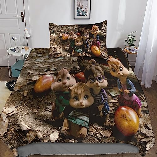 BARDYS Alvin and The Chipmunks Bettwäsche Set Mit Weiche Mikrofaser,Kinder Jugendliche Erwachsene 3D Gedruckte Bettbezüge Weiche Bettbezug Und Mit Reißverschluss Kissenbezug Single(135x200cm)
