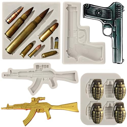 Sijiangmold Silikonformen für Pistole, Maschinenpistole, Fondant, Kugel, Silikonformen für Cupcake-Topper, Kuchendekoration, Schokolade, Süßigkeiten, Polymerton, Gummipaste, 4 Stück