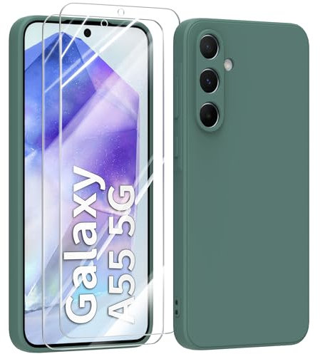 MIKULLE Funda para Samsung Galaxy A55 5G con Cristal Templado Protector de Pantalla,Ultra Slim Protectora Anti-Choques Carcasa de Silicona Líquida TPU Suave Case Cover - Verde Oscuro