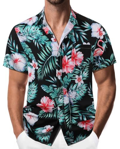 Danfiki Men's Hawaiian Shirt, Black, Medium