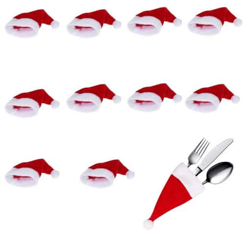 GZTFPQ 10 mini gorros de Navidad para cubiertos, botella de vino, decoración de mesa perfecta y soporte para cubiertos, decoración de Navidad, decoración de mesa en casa, fiesta