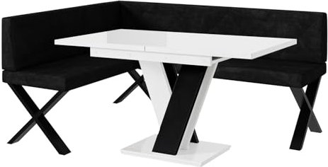 MEBLINI Eckbank für Esszimmer mit ausziehbarem Tisch - Küchenbank - Essecke - Sitzecke Küche - ERIC - X-Beine 128x168x87cm Links - Schwarz Samt/M Weiß-Schwarz Hochgl.
