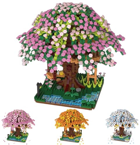 Cherry Blossom Tree House Adult Artificial Flower Mini Block Set, Spring/Summer/Fall/Winter Seasons Beauty Plant Series, Bouquet Tree House Block Set, Suitable for Gift/Home Decoration (Summer)