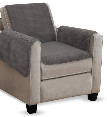 Sesselschoner Lammflor Optik (Grau) - 140x144cm - Sesselauflage mit Armlehnen und Taschen - Sesselüberwurf ÖKO-Tex Schoner für Sessel - Überwurf