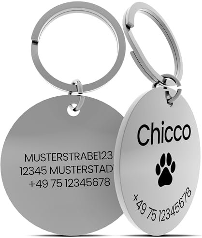 Hundemarke mit Gravur – ⌀30mm Robuster Hundeanhänger aus Edelstahl in Silber – Personalisierter Dog Tag mit Adresse auf der Rückseite (Rund Silber)