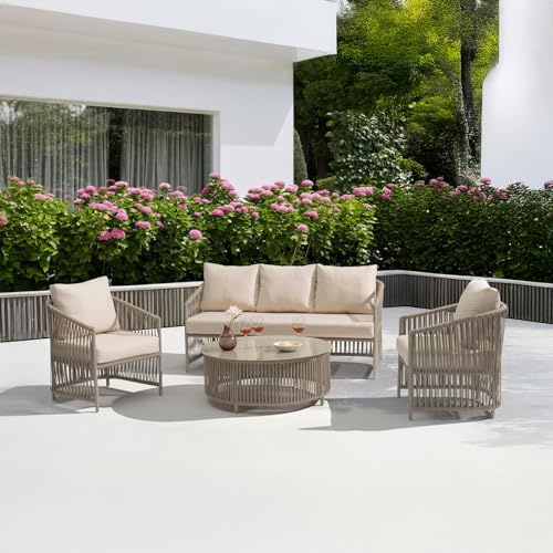 IDIMEX Outdoor Sofa Set KULO 4-teilig, Champagne – Lounge-Set aus Aluminium mit Rope-Bespannung, Couchtisch mit Glasplatte, inklusive 5 bequemer Kissen, wetterfest für Balkon Terrasse Garten