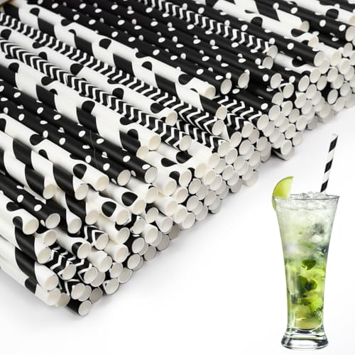 500 Pailles en Papier 19,7cm x Ø6mm – Paille pour Cocktails Noir et Blanc | Pailles en Papier Kraft Biodégradables et Jetables. Paille Papier pour Bubble Tea, Smoothie. Pour Bar, Mariage, Fête