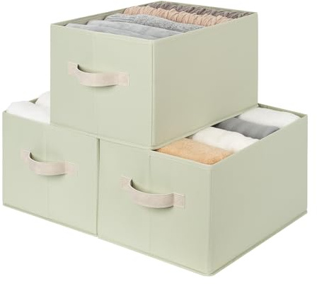 StorageWorks Storage Baskets for Shelves, Light Green, 3-Pack | Foldable Fabric Storage Boxes, Bedroom Storage Baskets, Wardrobe Clothes Organiser, Closet & Nursery Boxes for Toys & Towels