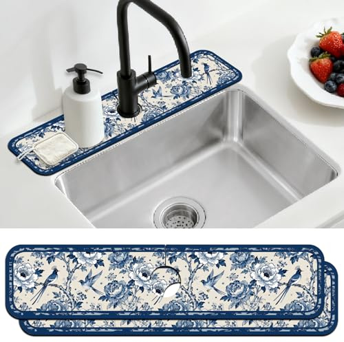 CONCHLERY 2 Pcs Faucet Mat Vintage Porcelain Flowers 23.6x5.5 Inch