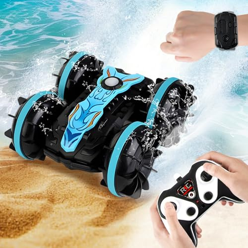Fancysky Amphibie RC Radiocommandée pour Enfant, 2.4Ghz 4WD Vehicule Tout Terrain Amphibie, Rotation à 360°, Voiture Jouet Flip, Contrôle Gestuel, Cadeau de Noël, Piscine, Jouet de Plage