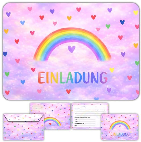 Fun4kid 12 x Regenbogen Einladungskarten Kindergeburtstag Mädchen mit passenden Umschlägen – für Kinder, Mädchen und Teenagerinnen - Vorgefüllte Karten auf Deutsch für Geburtstagsparty und Feier