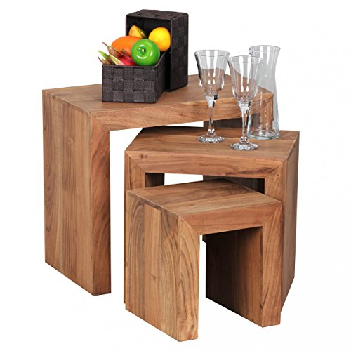 KADIMA Design Akazie 3-teiliger Satztisch Wood Massiv Beistelltisch Massivholz Couchtisch