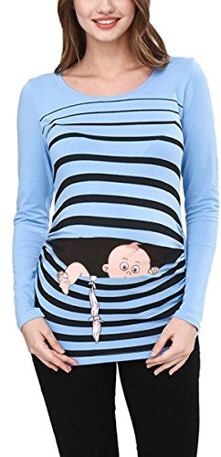 M.M.C. Umstandsshirt Langarm Damen mit Baby-Flucht-Motiv – Umstandsmode T-Shirt für die Schwangerschaft, mitwachsende Raffung, 95% Baumwolle, S bis XL