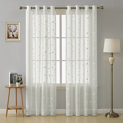 Deconovo Voile Vorhang Gardinen mit Ösen Bestickte Transparent 260x140 cm Creme Blumen 2er Set, Stoff, 260x140