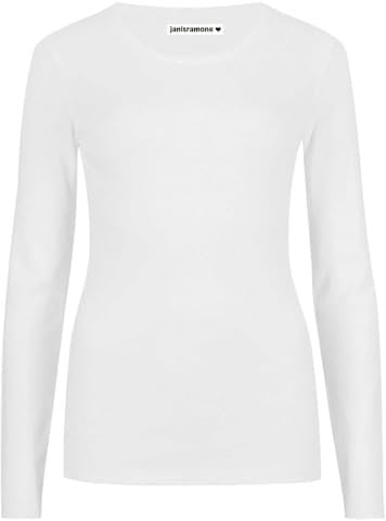 janisramone Womens Ladies Round Neck Long Sleeve T-Shirt Stretchy Plain Fitted Basic Jersey Casual Tee Top White