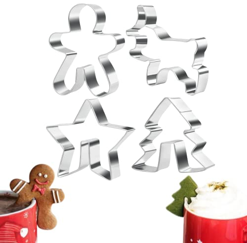 4PCS Weihnachts-Ausstechform aus Edelstahl, zum Aufhängen, über den Rand, Tassenrand, Keksform, Kuchendekoration